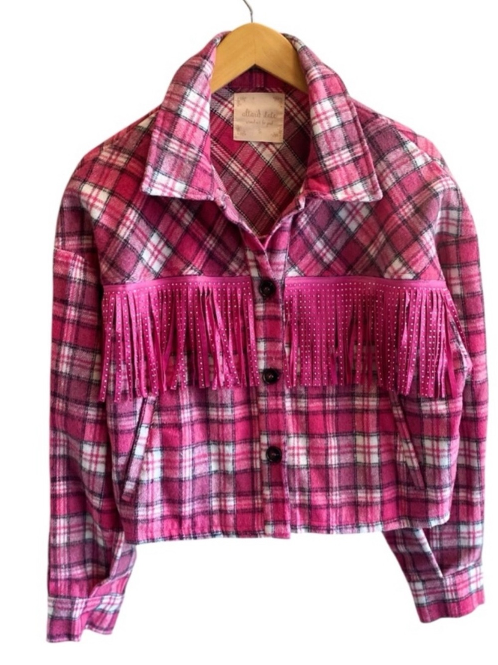 ALTAR’D STATE Pink Fleece Plaid Fringe Rhinestone Dolly Jacket